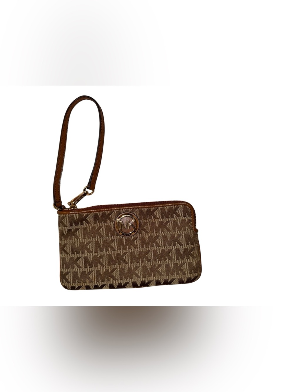 Michael Kors Brown MK Logo Wristlet Clutch with Gold Accent
